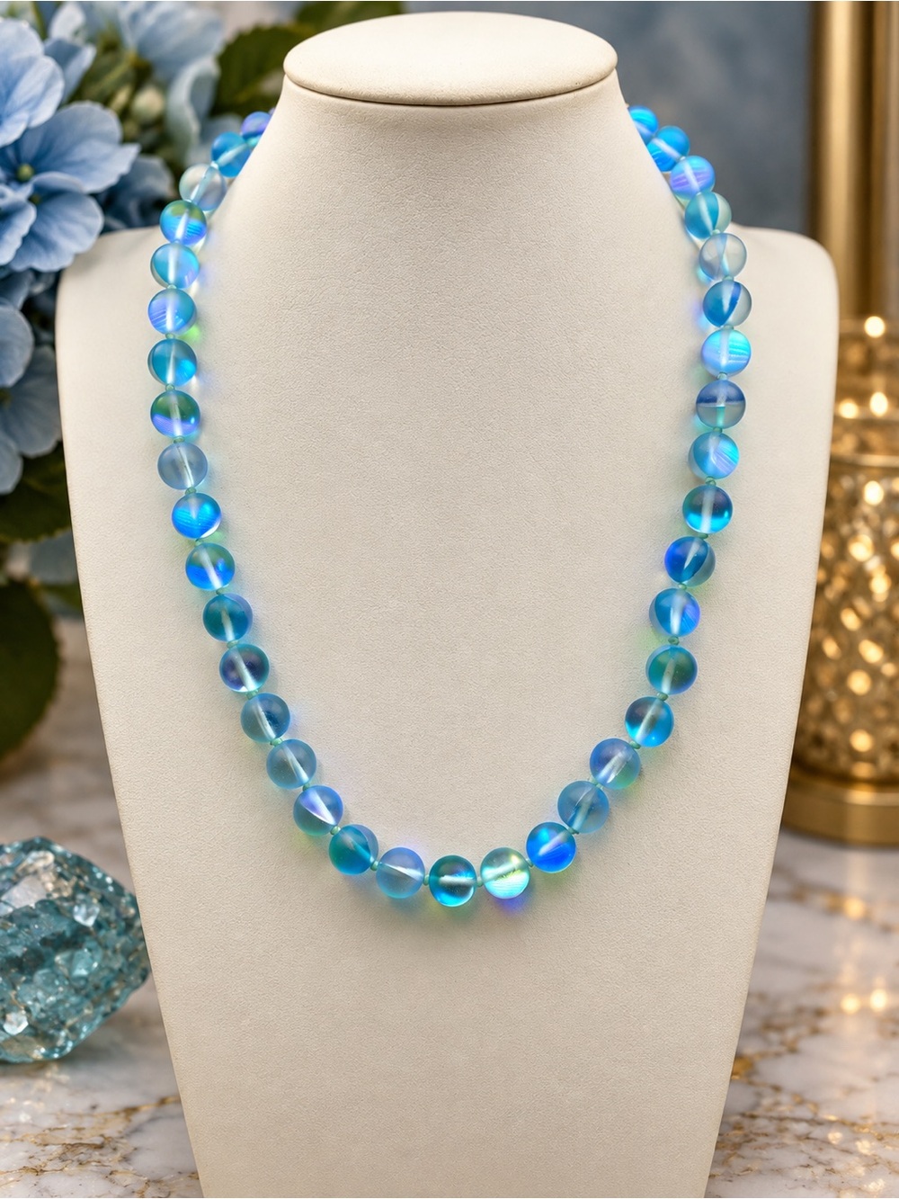 Mermaid blue  20 inch 10mm hand-knotted Aprilsplace gold chicken